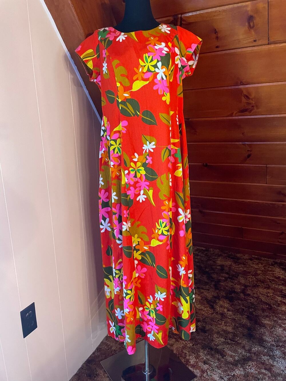 Vintage 70s Sears Hawaiian Fashions Barkcloth Hawaiian Maxi Hostess Dress MuuMuu